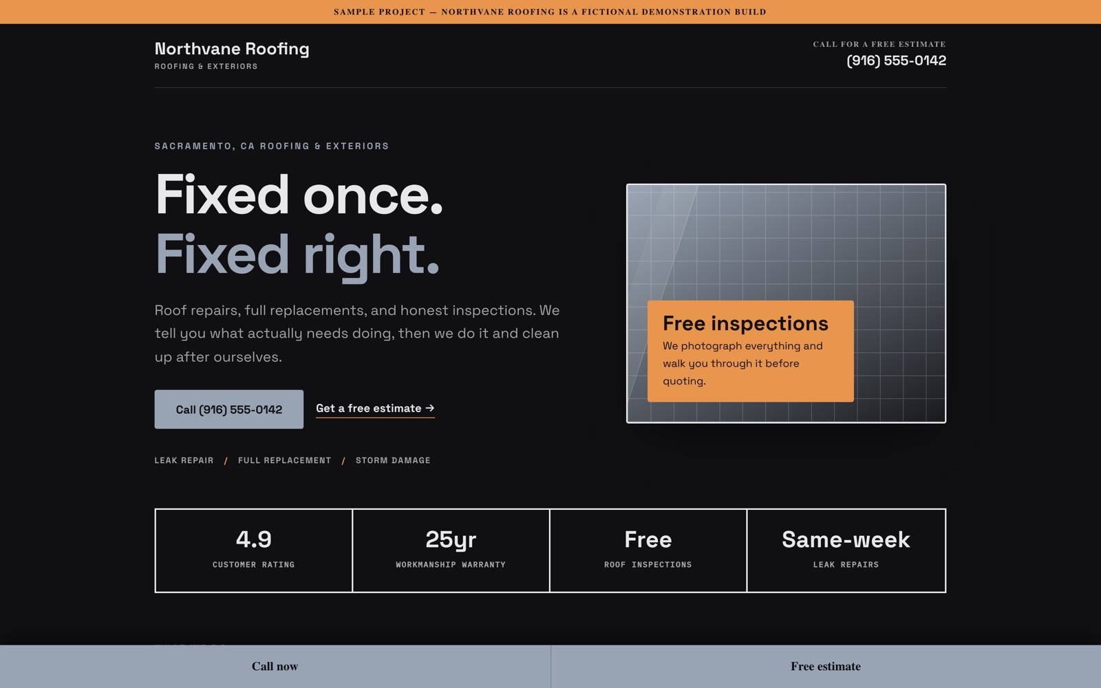 Sample rebuilt homepage for a roofing company